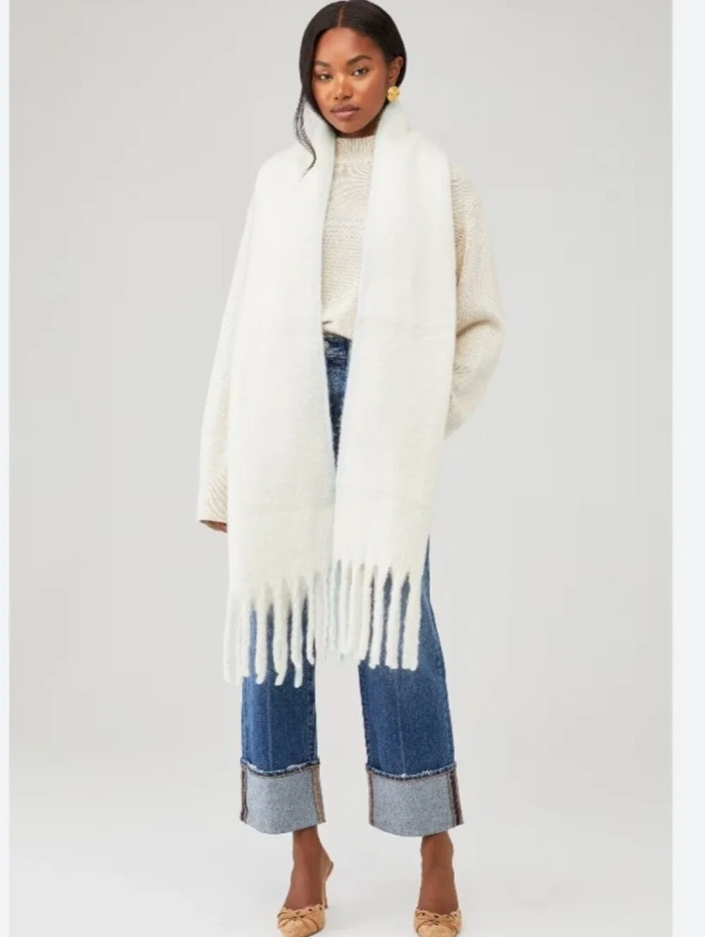 Free People Winter Chill Blanket Scarf In Cream OS NWT